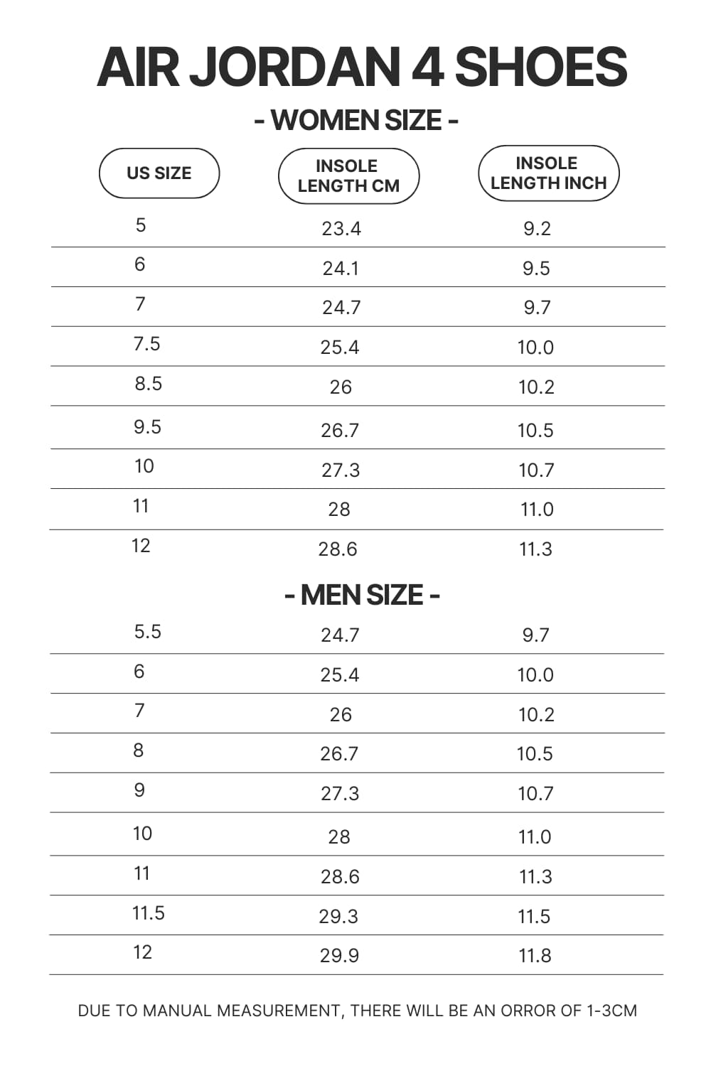 Air jordan 4 size chart on sale